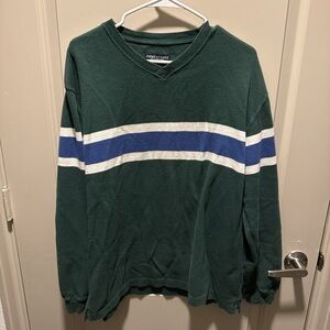 Green V-Neck Sweater with Blue and White Stripes